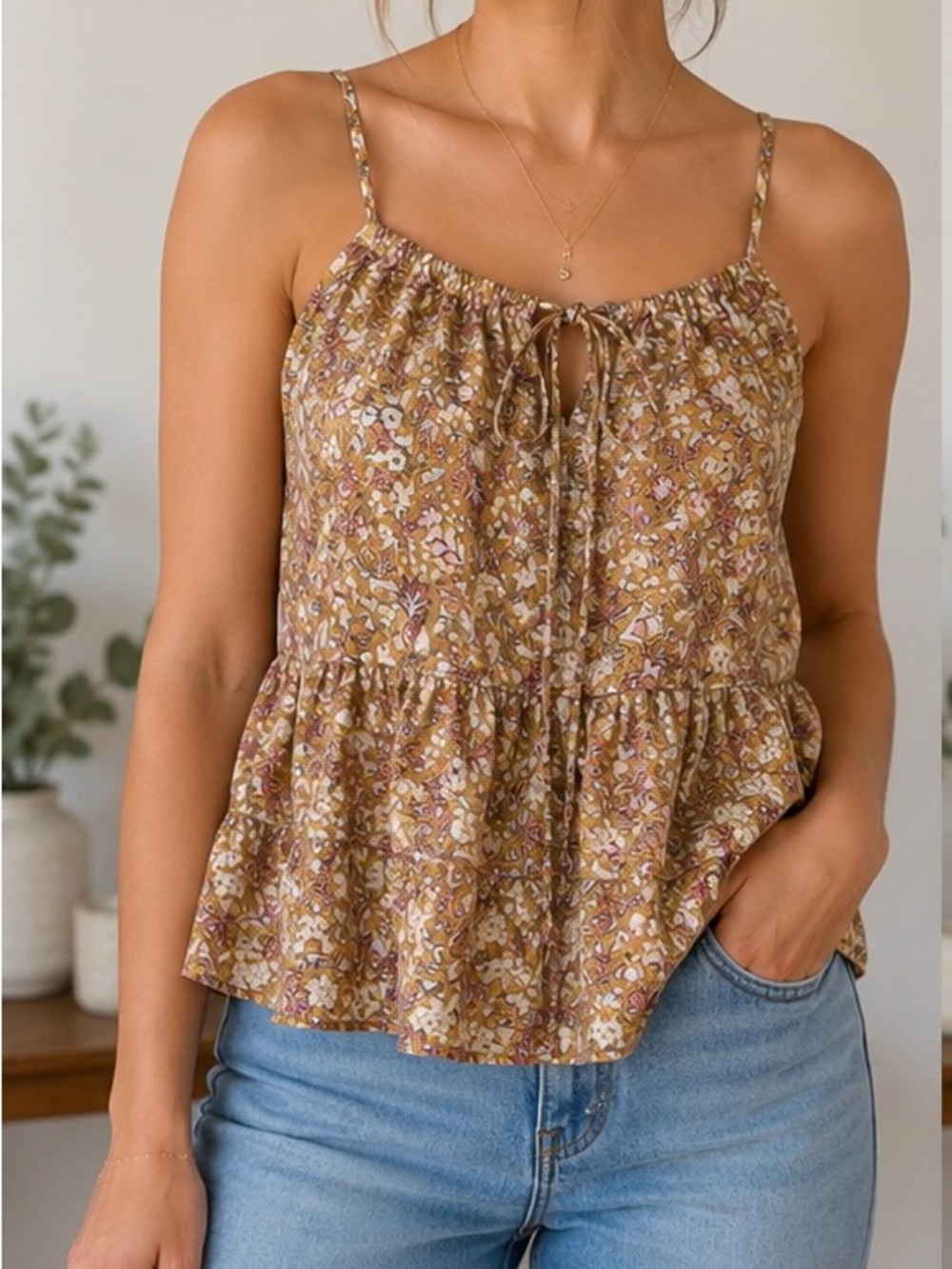 Old Navy Women's Floral Tiered Cami Top — Mustard Floral